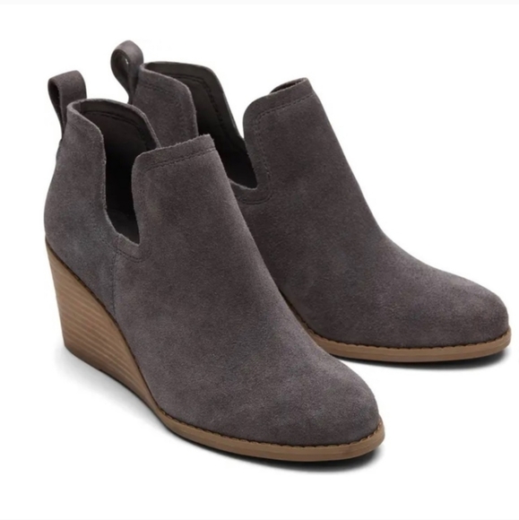 Toms Kallie Gray Suede, Boho-chic Cut-out, Stacked Wedge Comfort Bootie WMS 9W - Picture 16 of 16